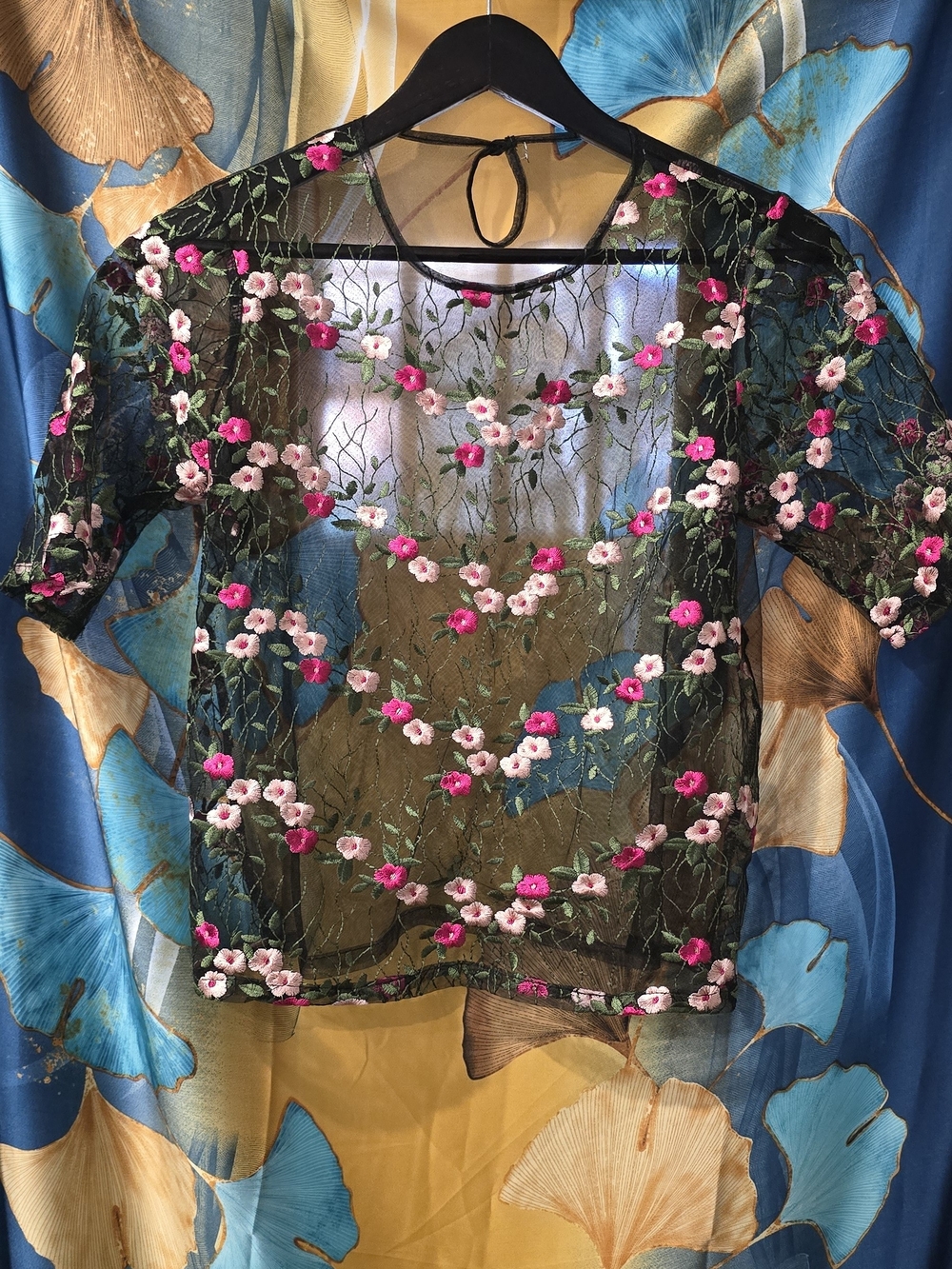 Sheer Black Floral Embroidered Short Sleeve Top